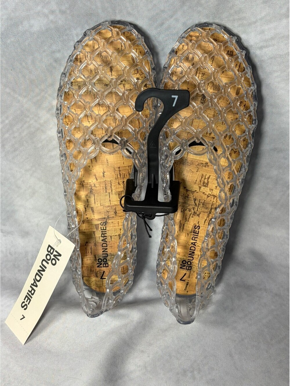 No Boundaries Women’s Size 7 Clear Caged Jelly Flats Memory Foam Cork Look NWT